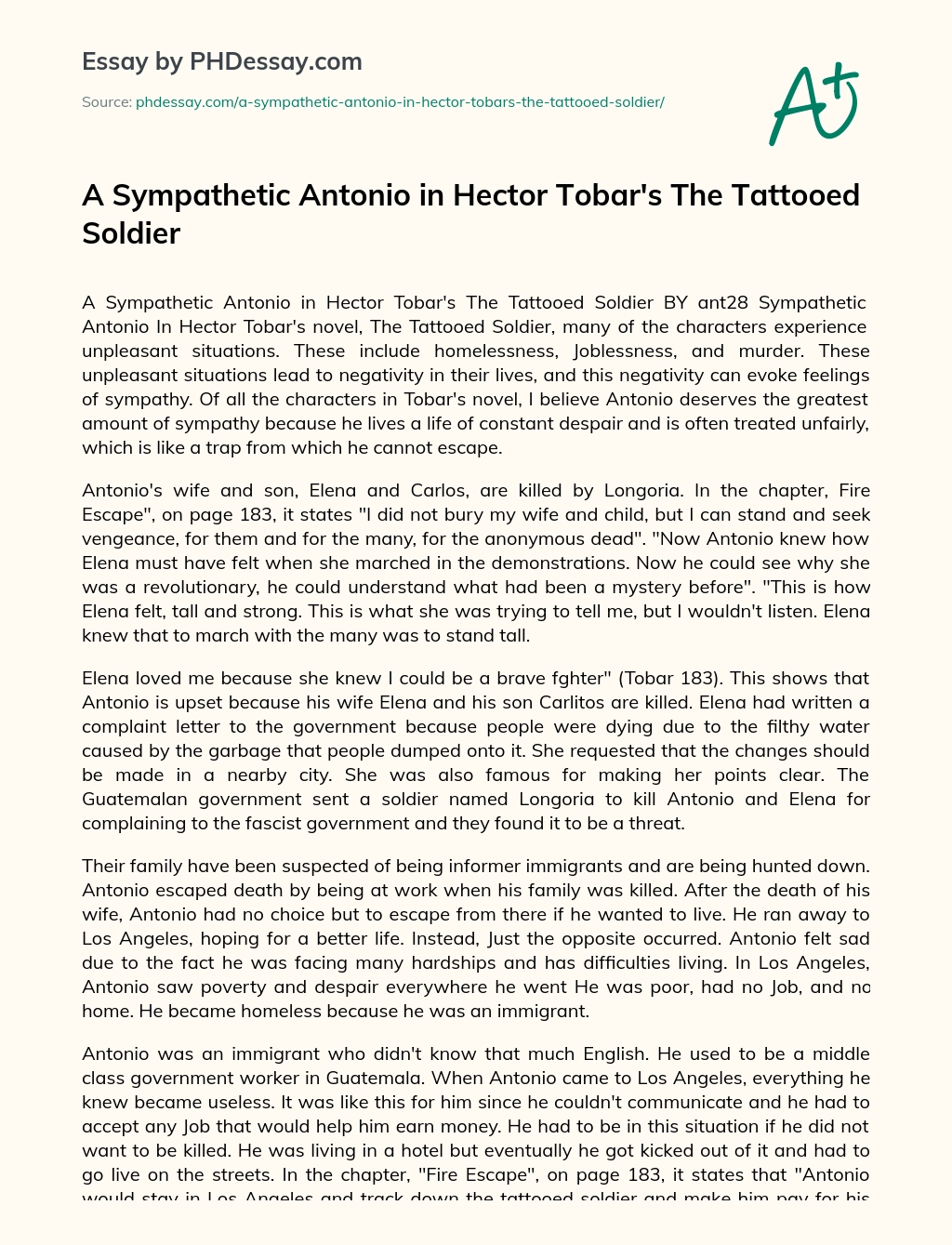 A Sympathetic Antonio in Hector Tobar’s The Tattooed Soldier essay