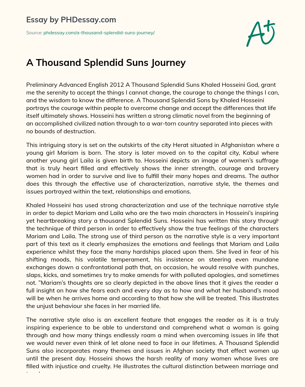A Thousand Splendid Suns Journey essay