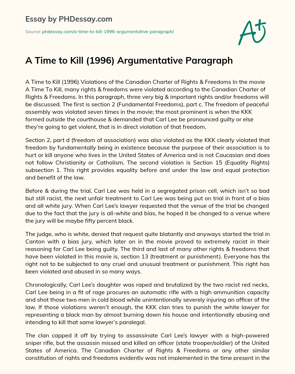 A Time to Kill (1996) Argumentative Paragraph essay