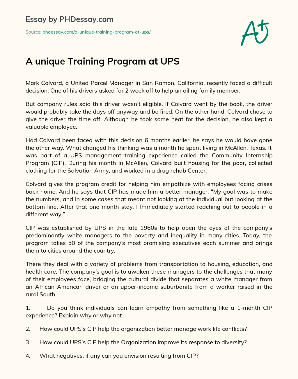 A unique Training Program at UPS essay