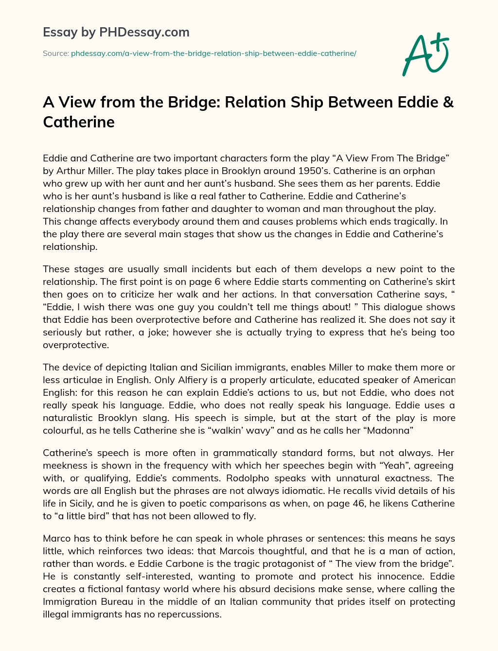 A View from the Bridge: Relation Ship Between Eddie & Catherine essay