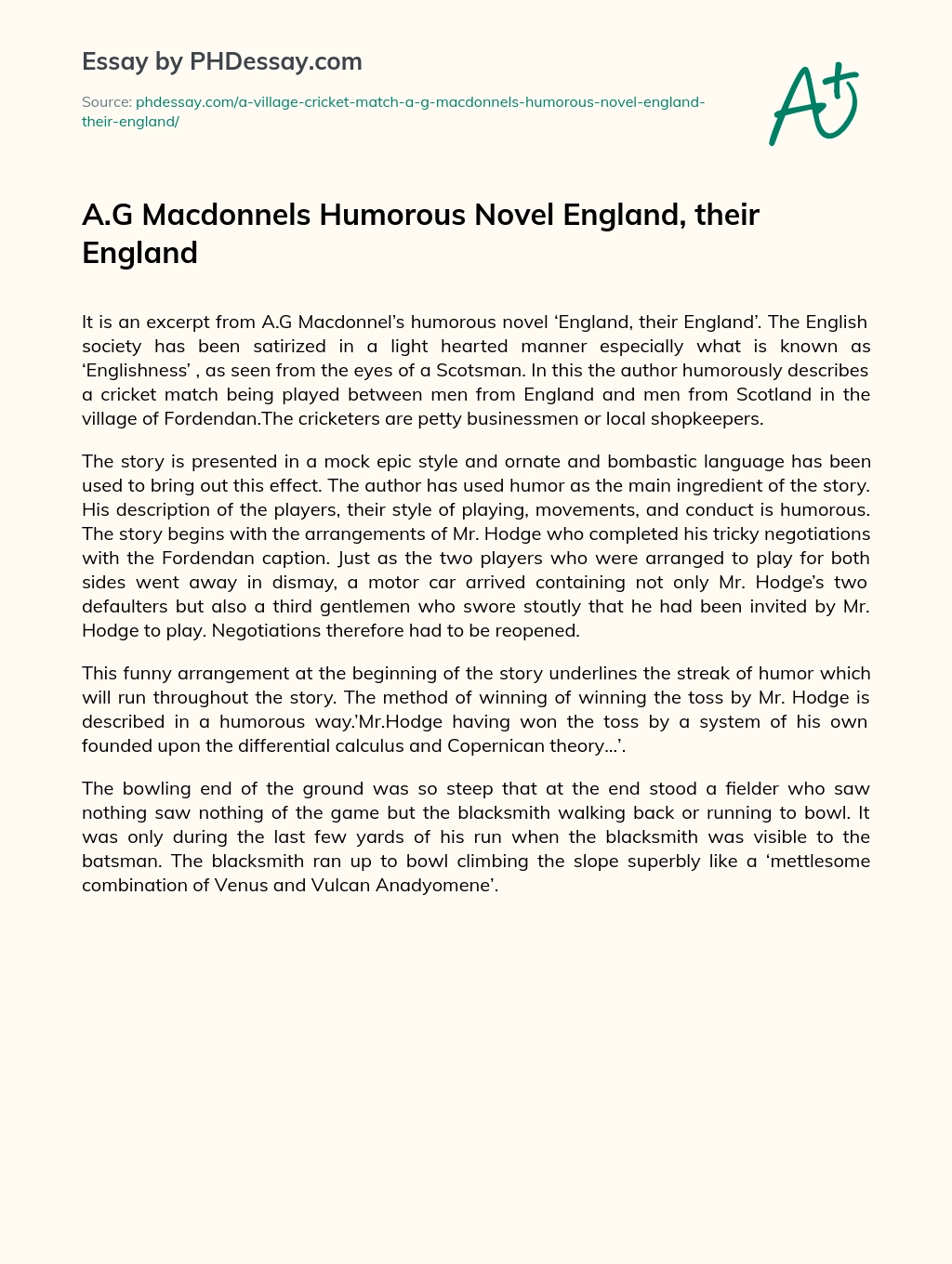  Macdonnels Humorous Novel England, Their England Essay Example (300  Words) 