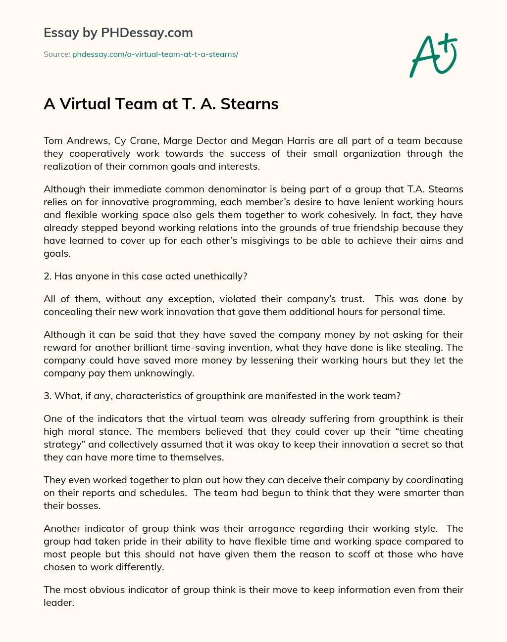 A Virtual Team at T. A. Stearns essay