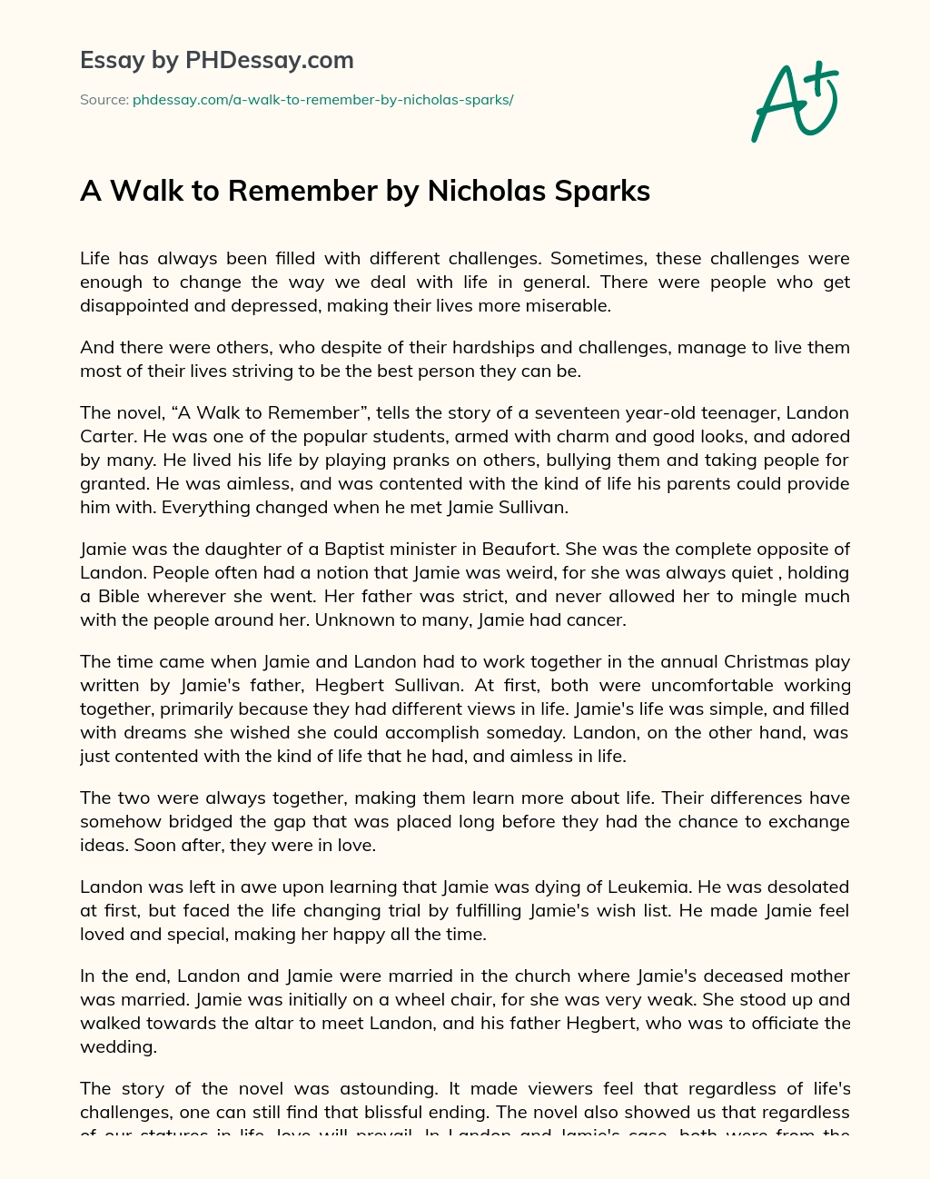 A Walk to Remember by Nicholas Sparks essay