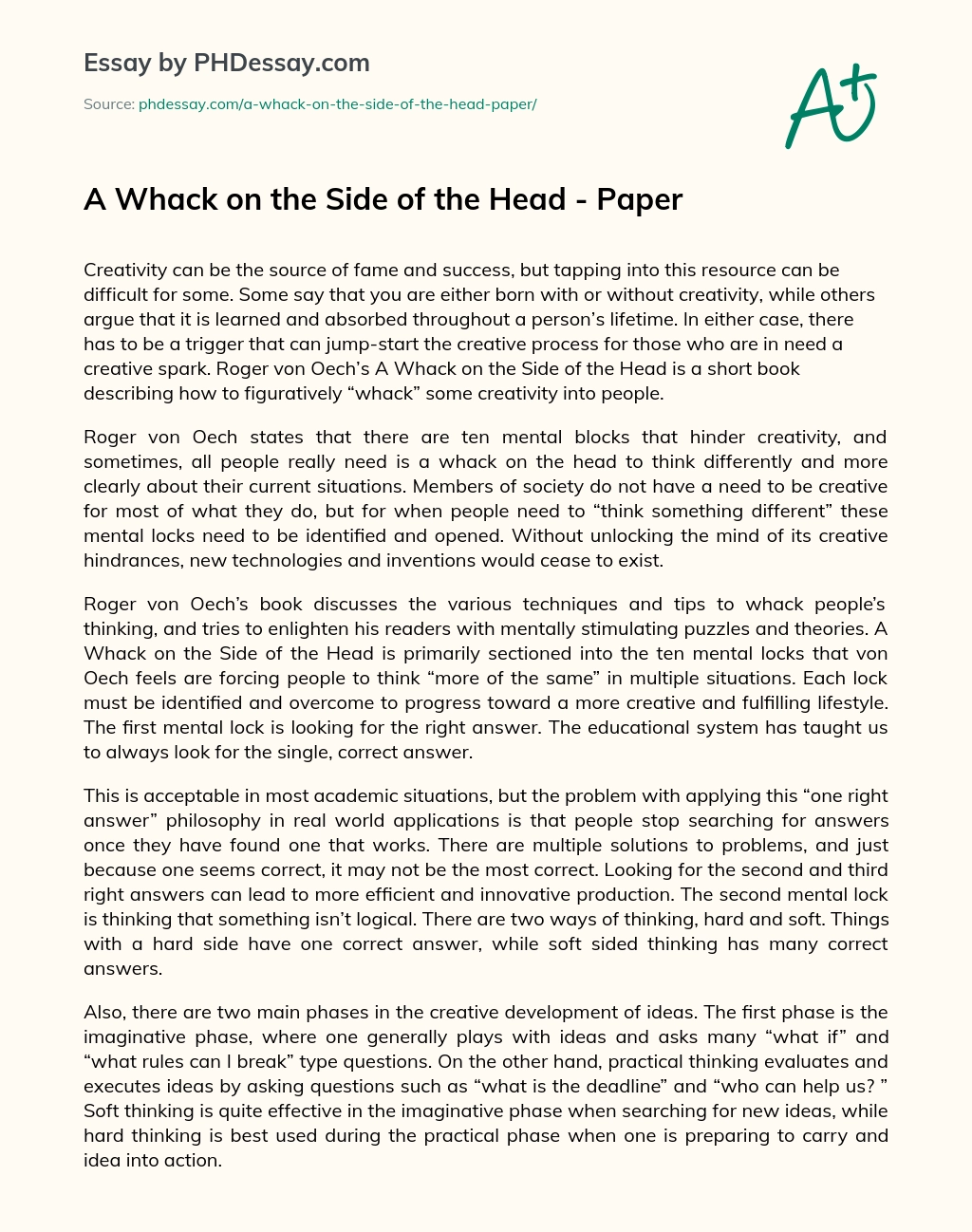 A Whack on the Side of the Head – Paper essay