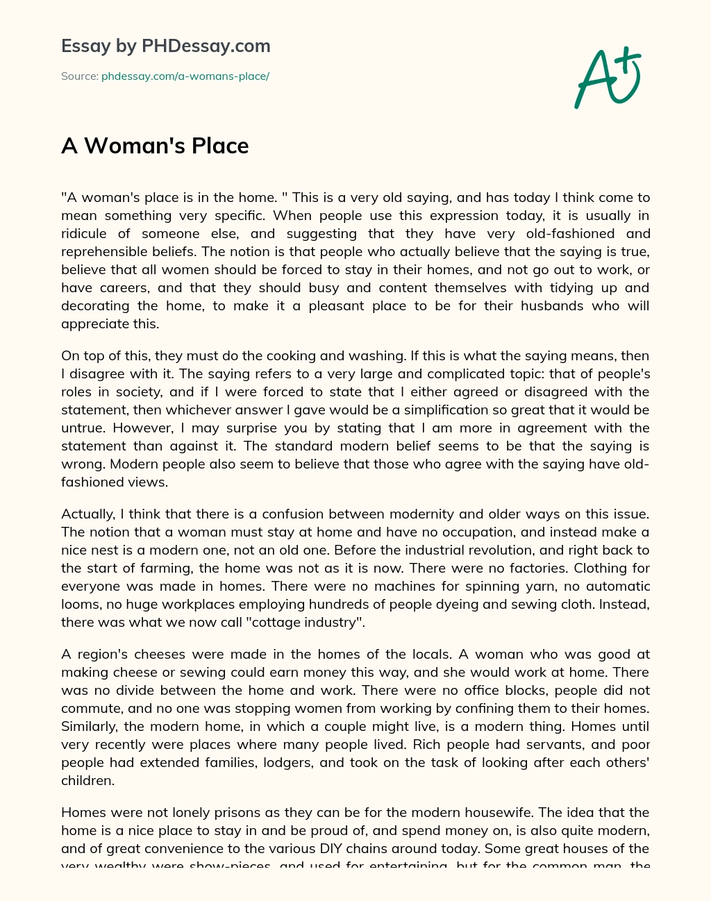 A Woman’s Place essay