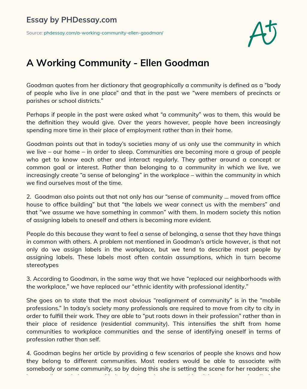 A Working Community – Ellen Goodman essay