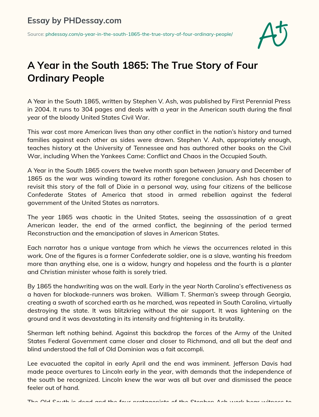 A Year in the South 1865: The True Story of Four Ordinary People essay