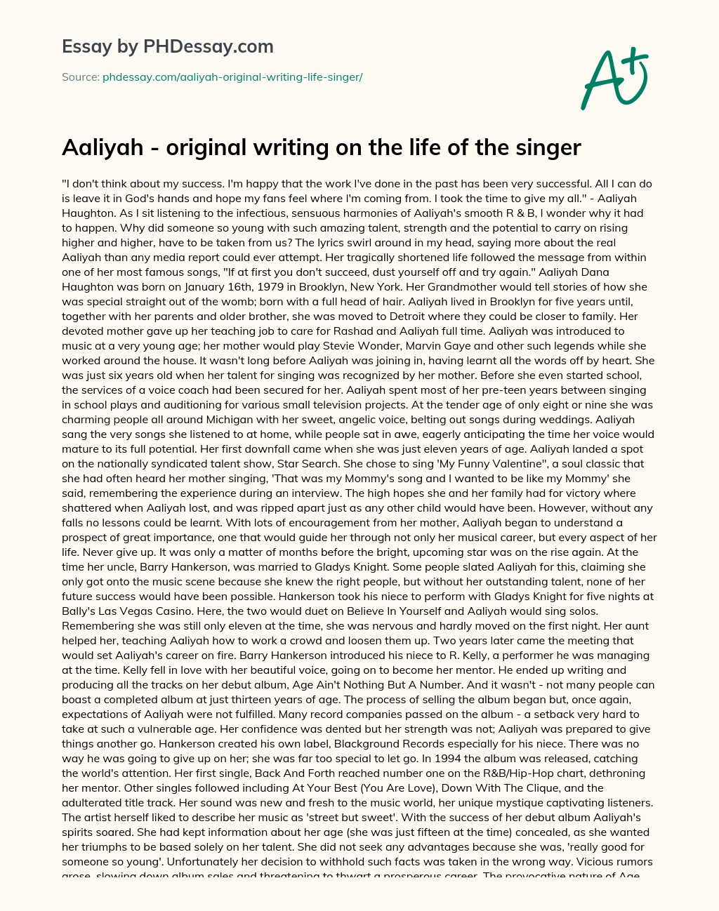 Aaliyah – original writing on the life of the singer essay