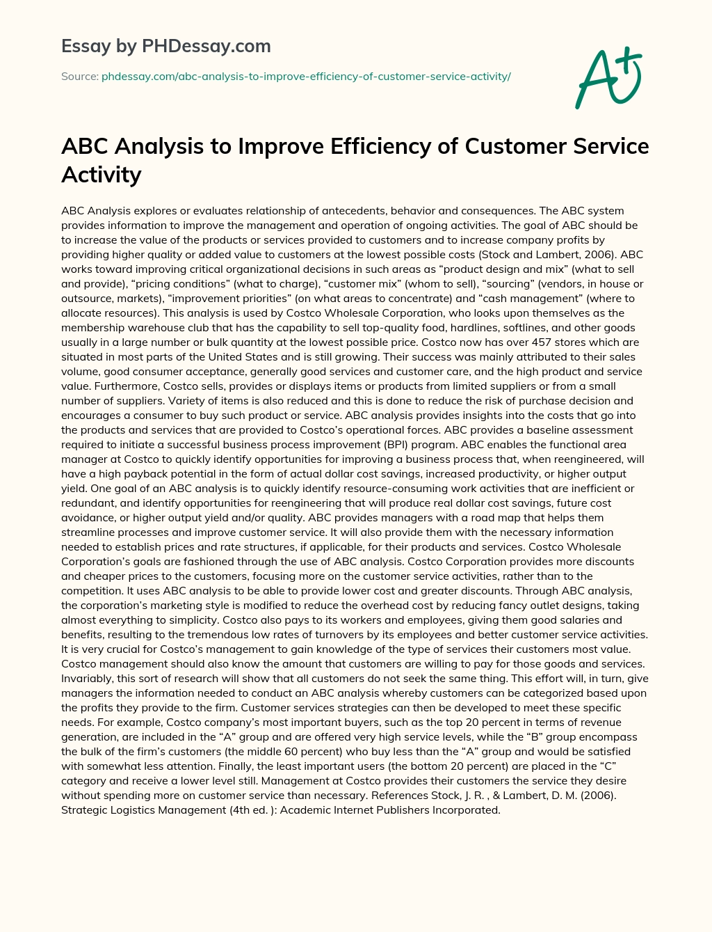 ABC Analysis to Improve Efficiency  of Customer Service Activity essay