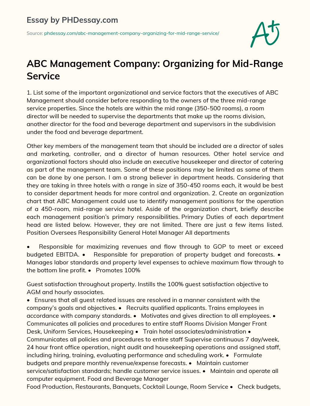 ABC Management Company: Organizing for Mid-Range Service essay