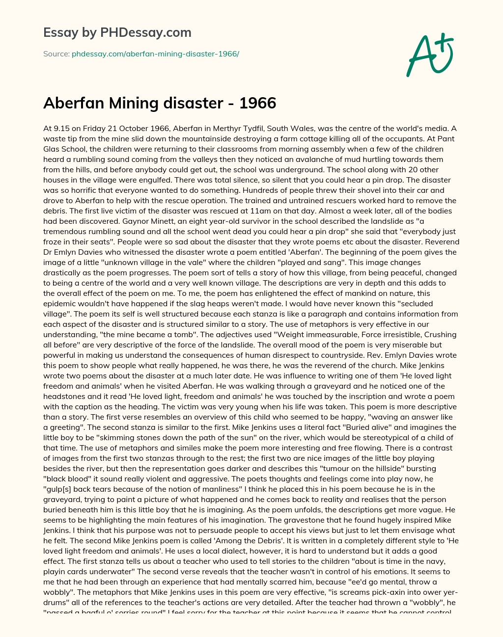 Aberfan Mining disaster – 1966 essay