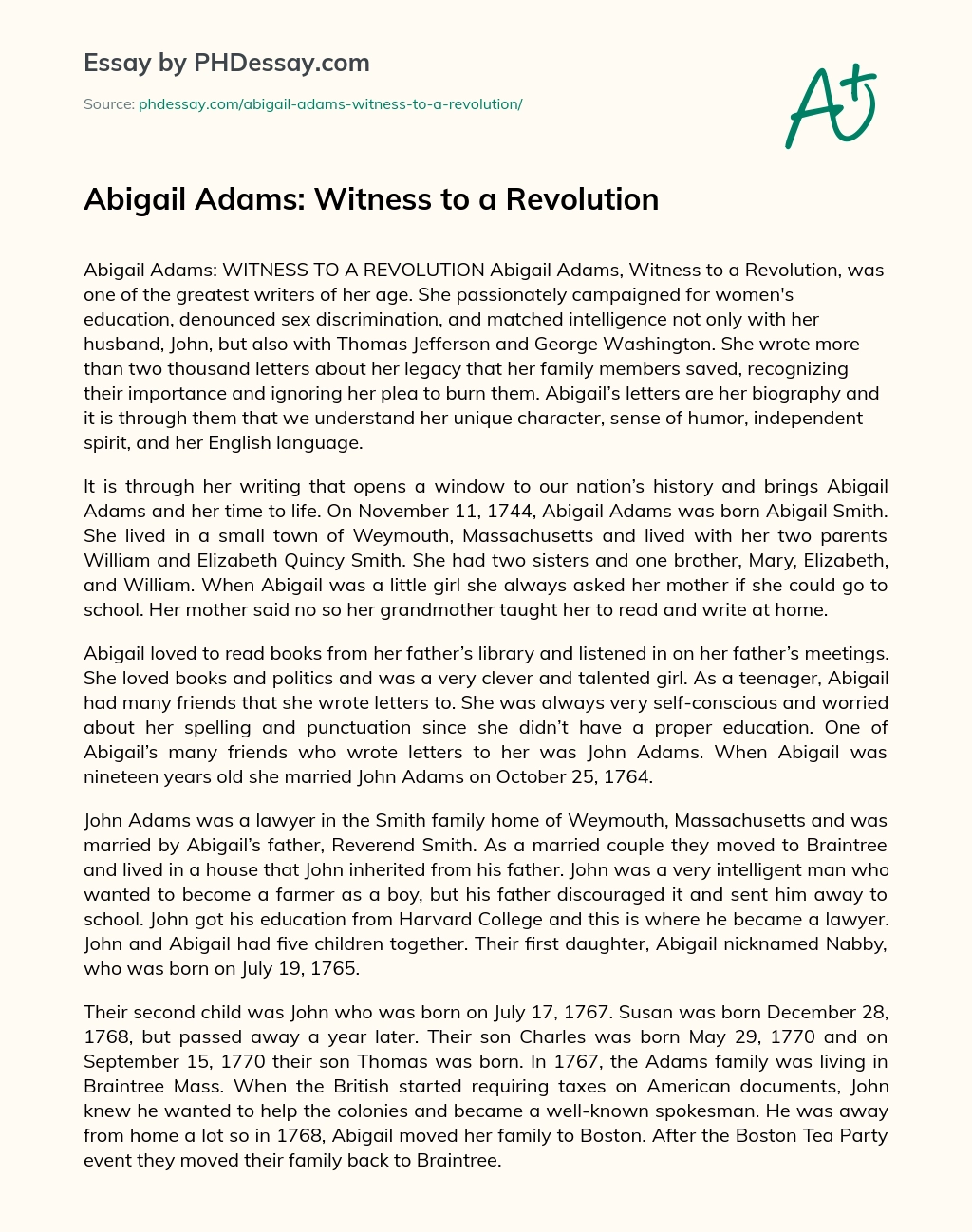Abigail Adams: Witness to a Revolution essay