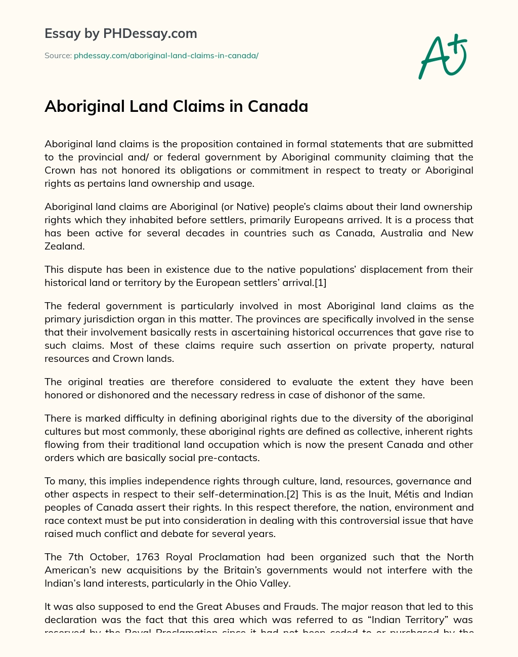 Aboriginal Land Claims in Canada essay
