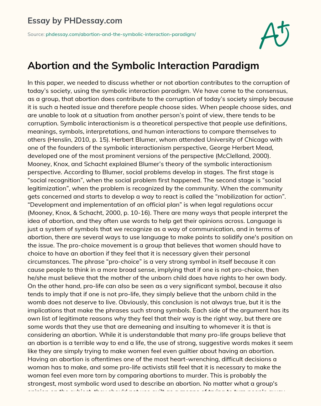 Abortion and the Symbolic Interaction Paradigm essay