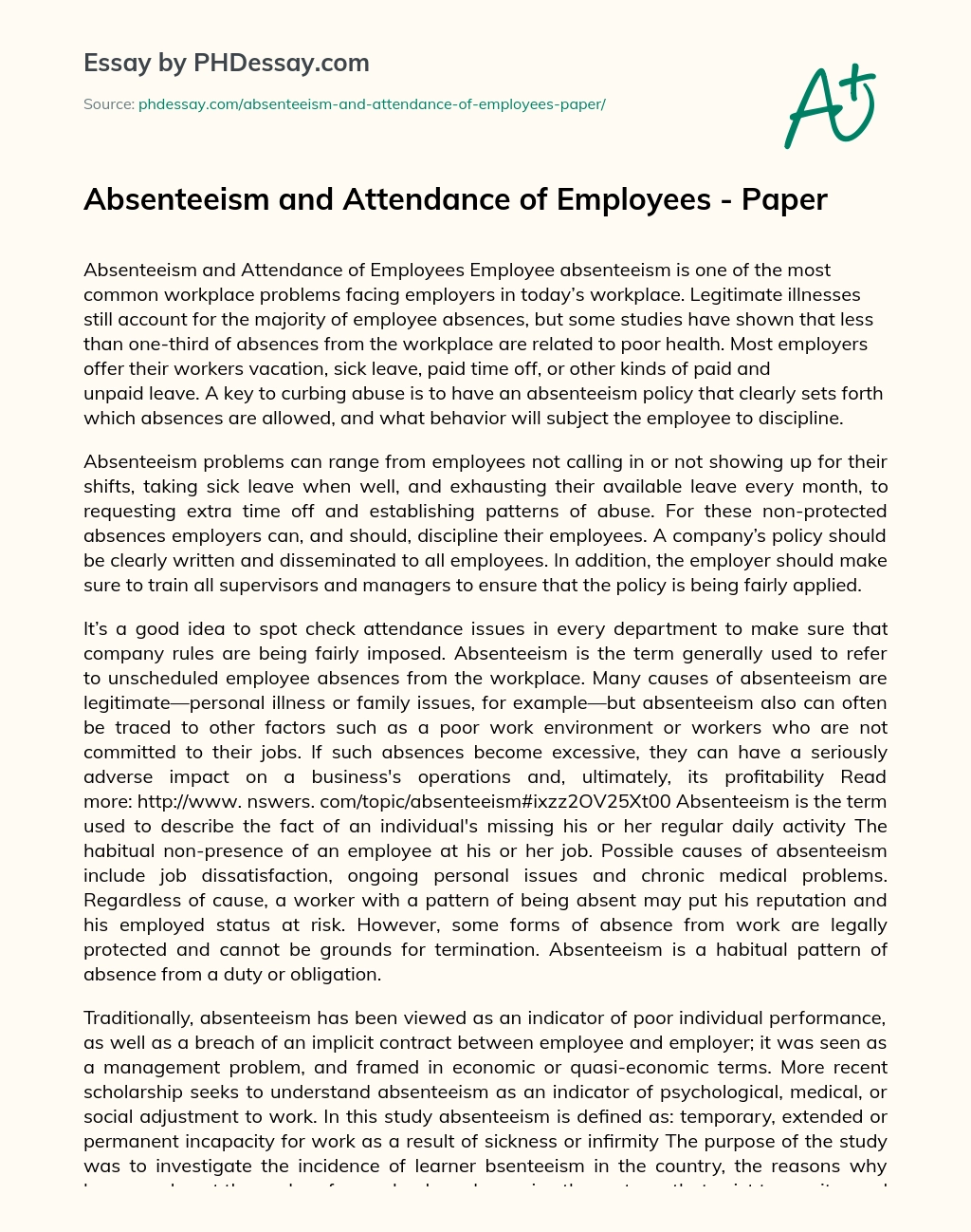 Absenteeism and Attendance of Employees – Paper essay