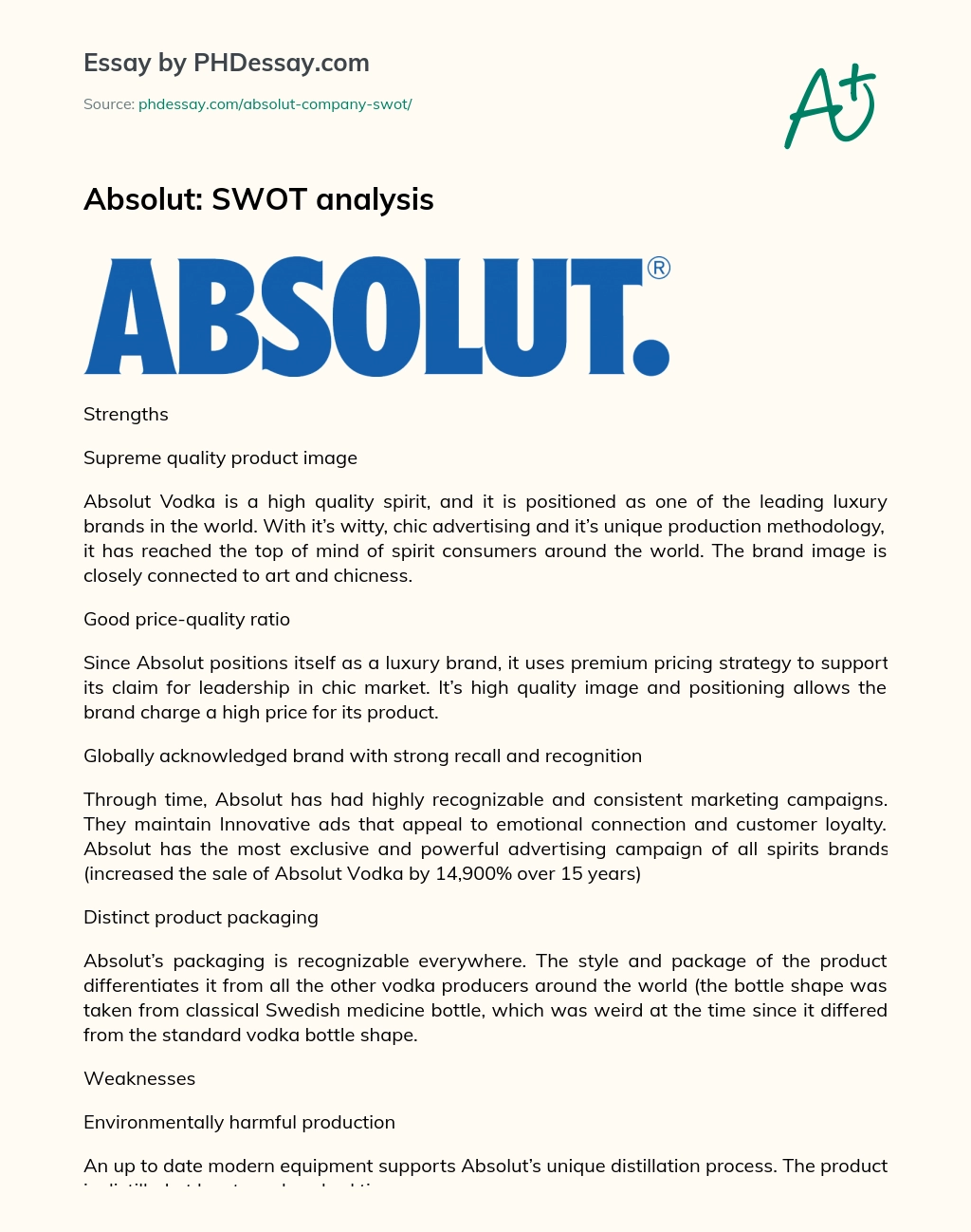 Absolut: SWOT analysis essay