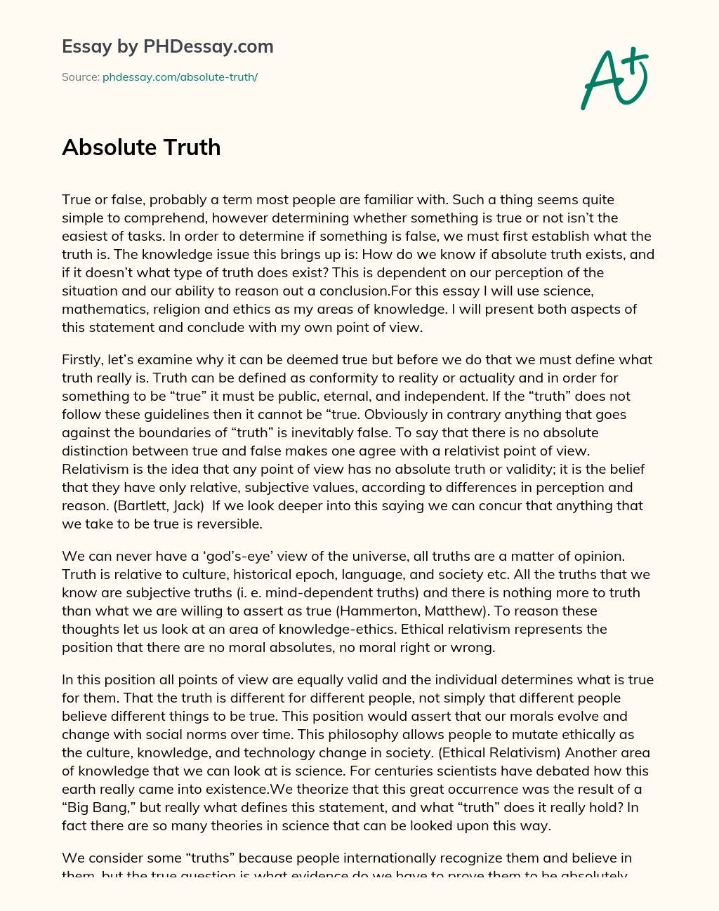 Реферат: Truth Absolute Understanding Essay Research Paper Absolute
