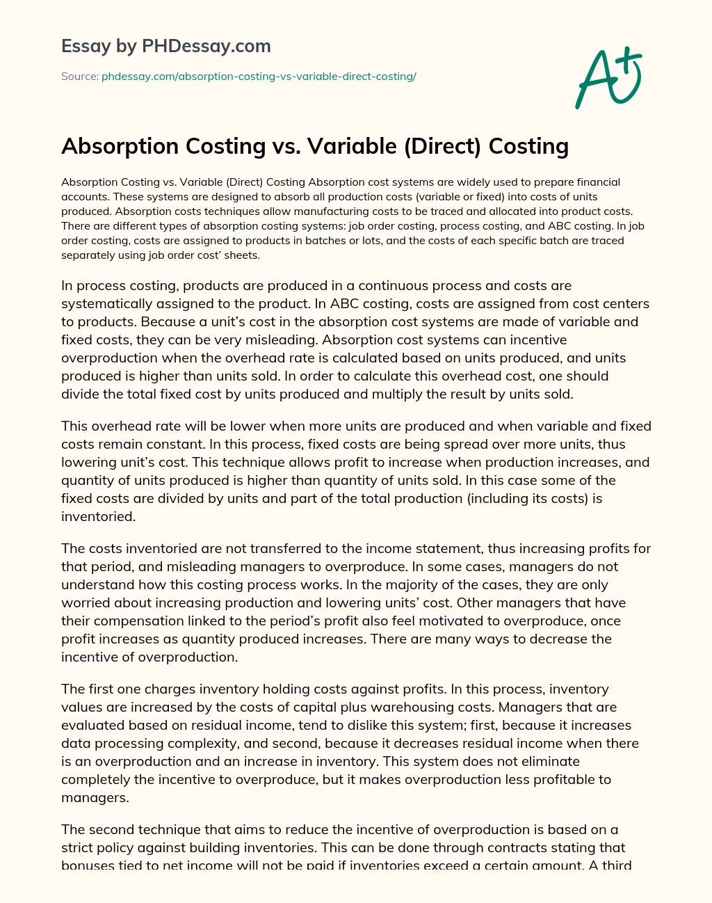 Absorption Costing vs. Variable (Direct) Costing essay