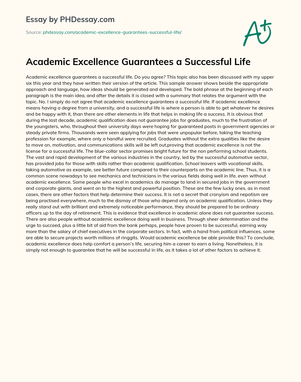 Academic Excellence Guarantees a Successful Life essay