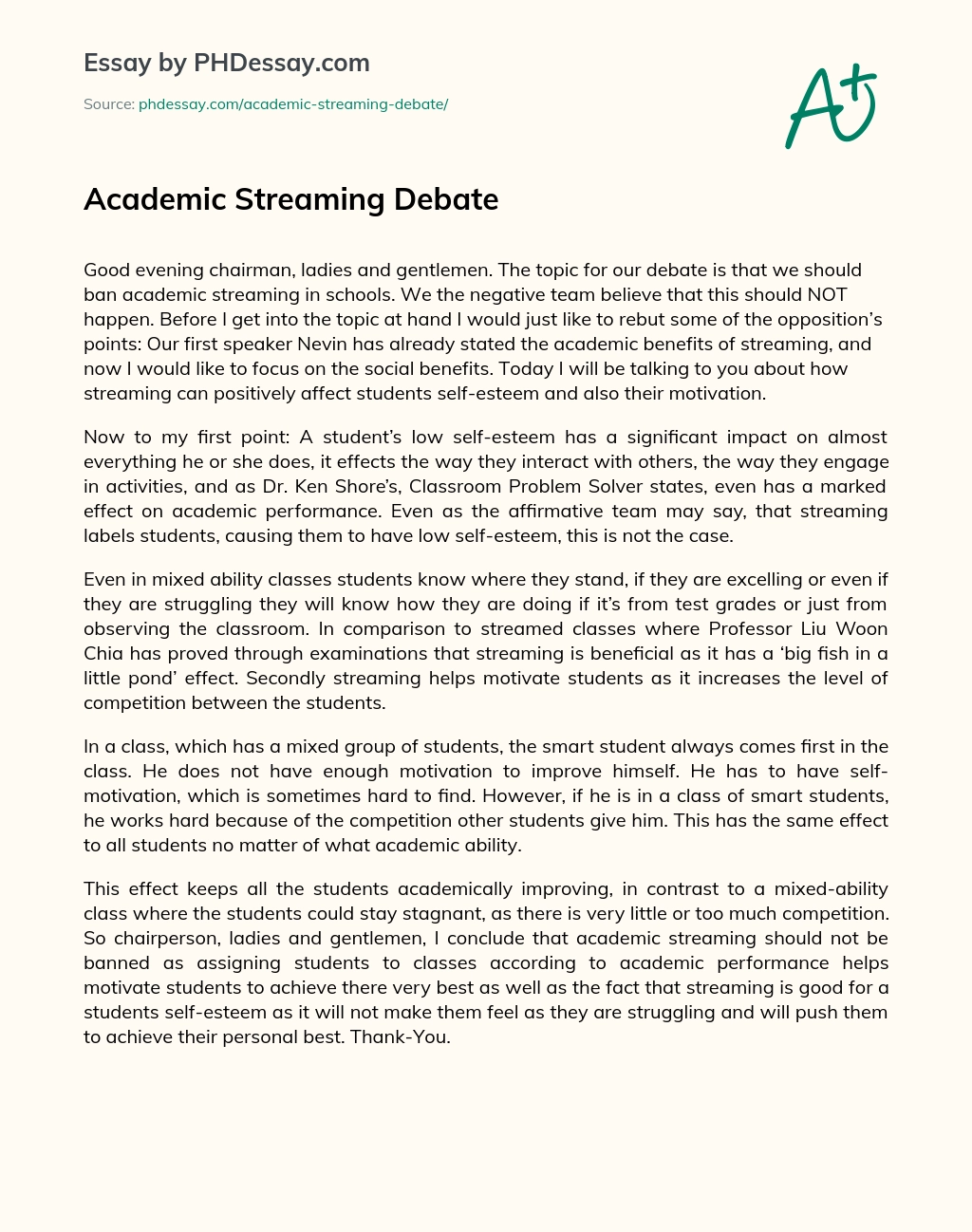 Academic Streaming Debate essay