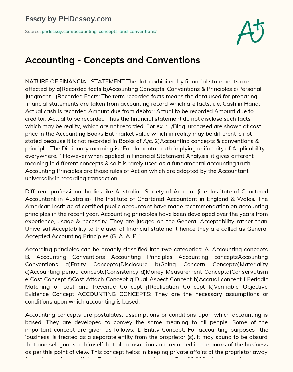Accounting – Concepts and Conventions essay