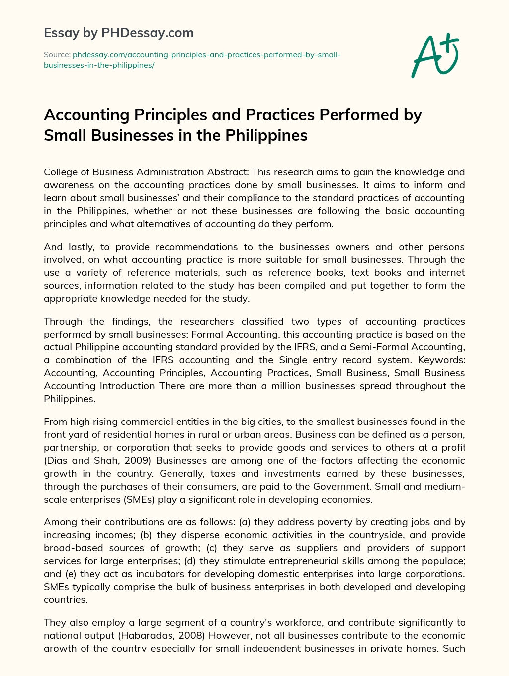 Accounting Principles and Practices Performed by Small Businesses in the Philippines essay