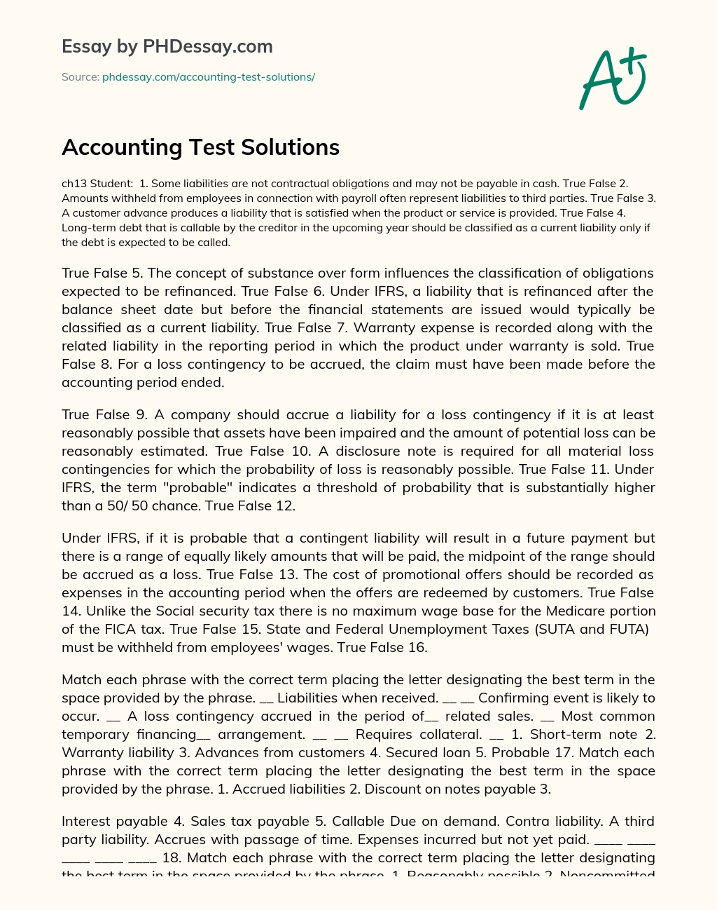 Accounting Test Solutions essay