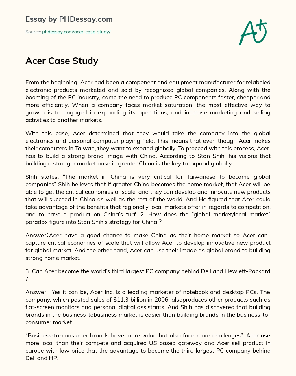 Acer’s Expansion Strategy: Building a Strong Brand Image in China for Global Growth essay