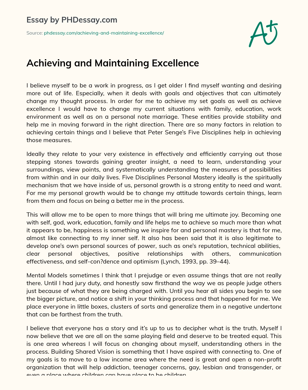 Achieving and Maintaining Excellence essay