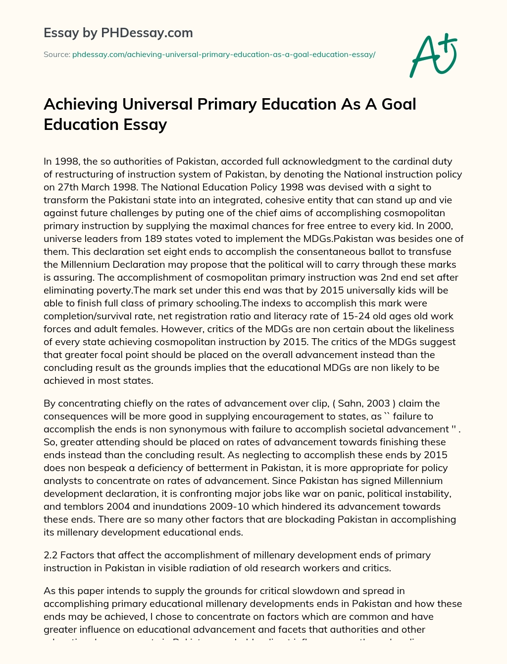 Achieving Universal Primary Education As A Goal Education Essay essay