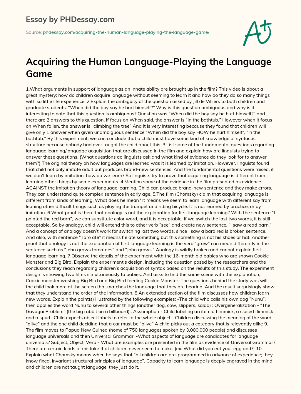 Acquiring the Human Language-Playing the Language Game essay