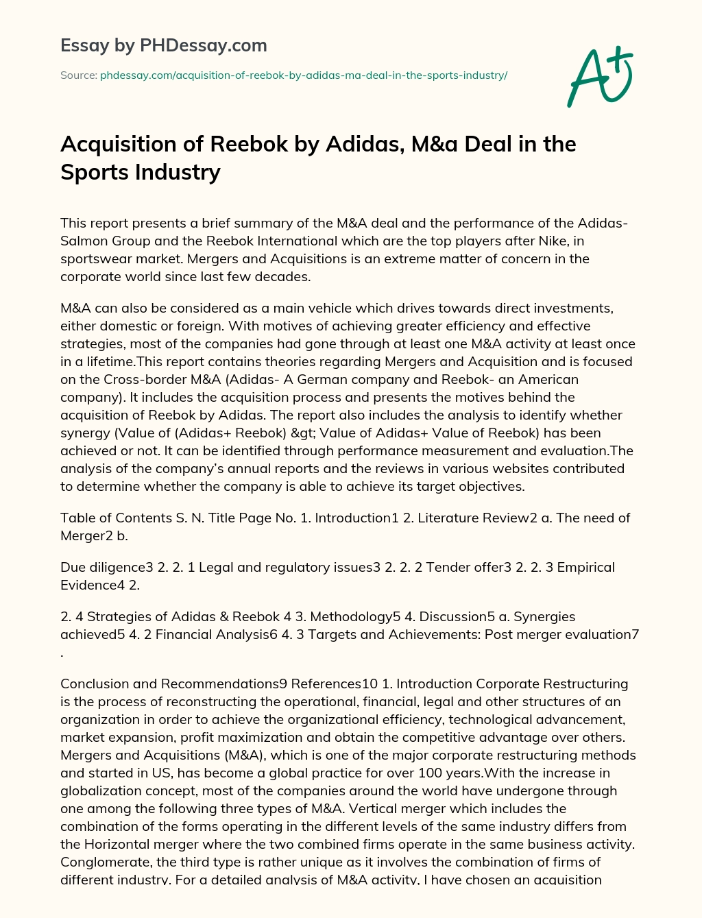 Acquisition of Reebok by Adidas, M&A Deal in the Sports Industry essay