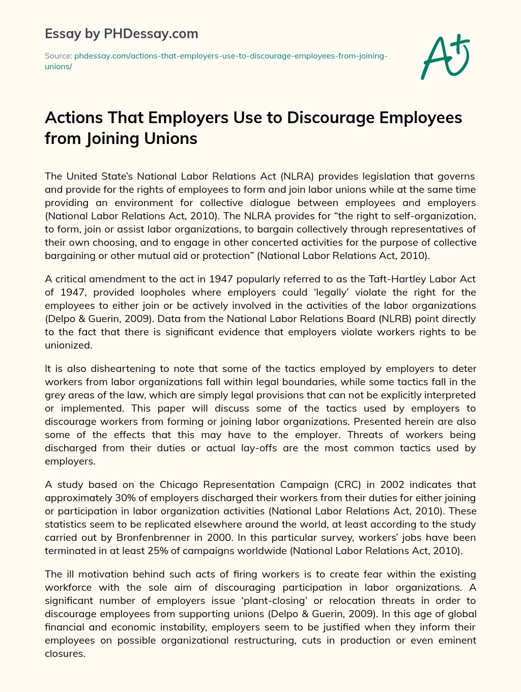 Actions That Employers Use to Discourage Employees from Joining Unions essay