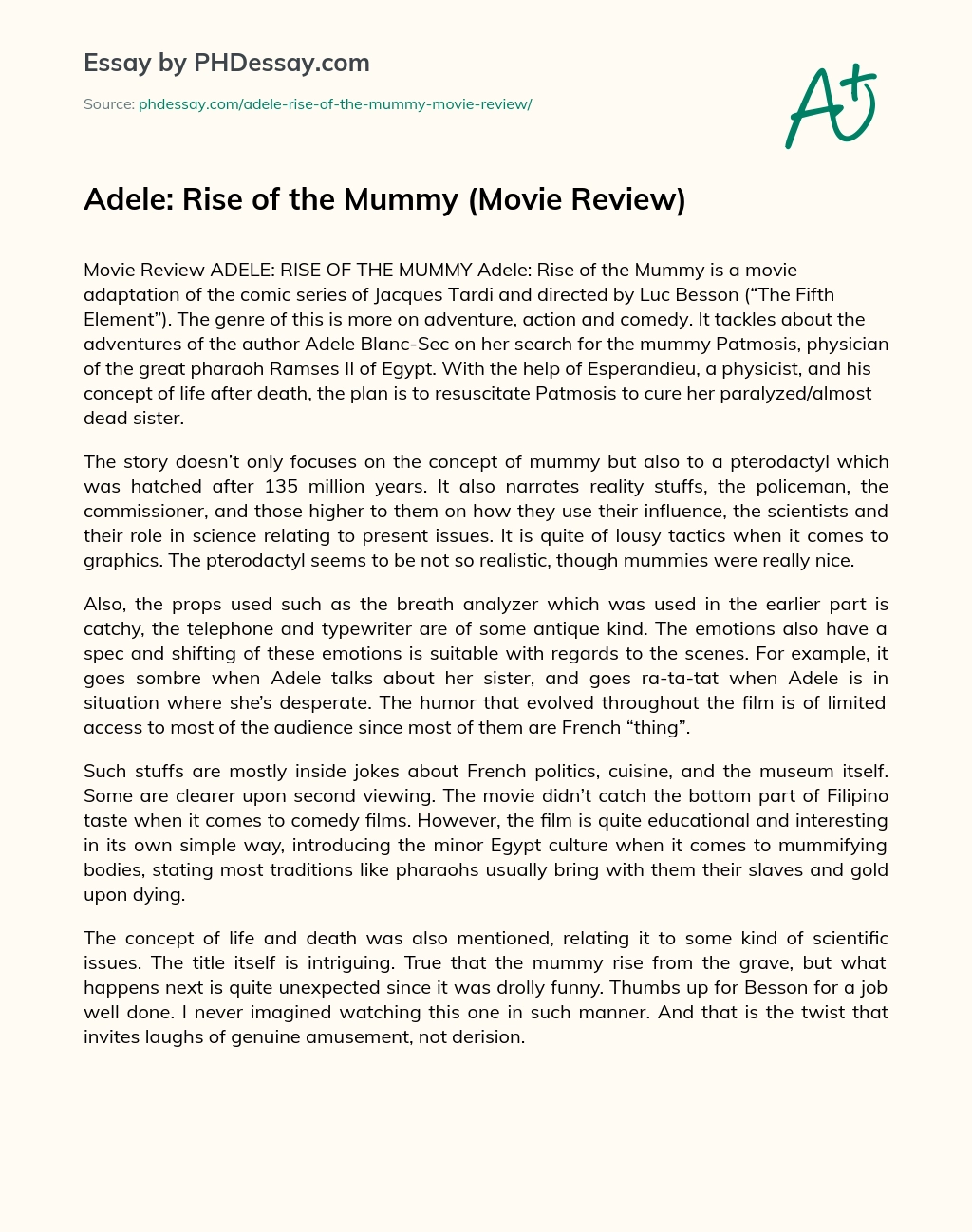 Adele: Rise of the Mummy (Movie Review) essay