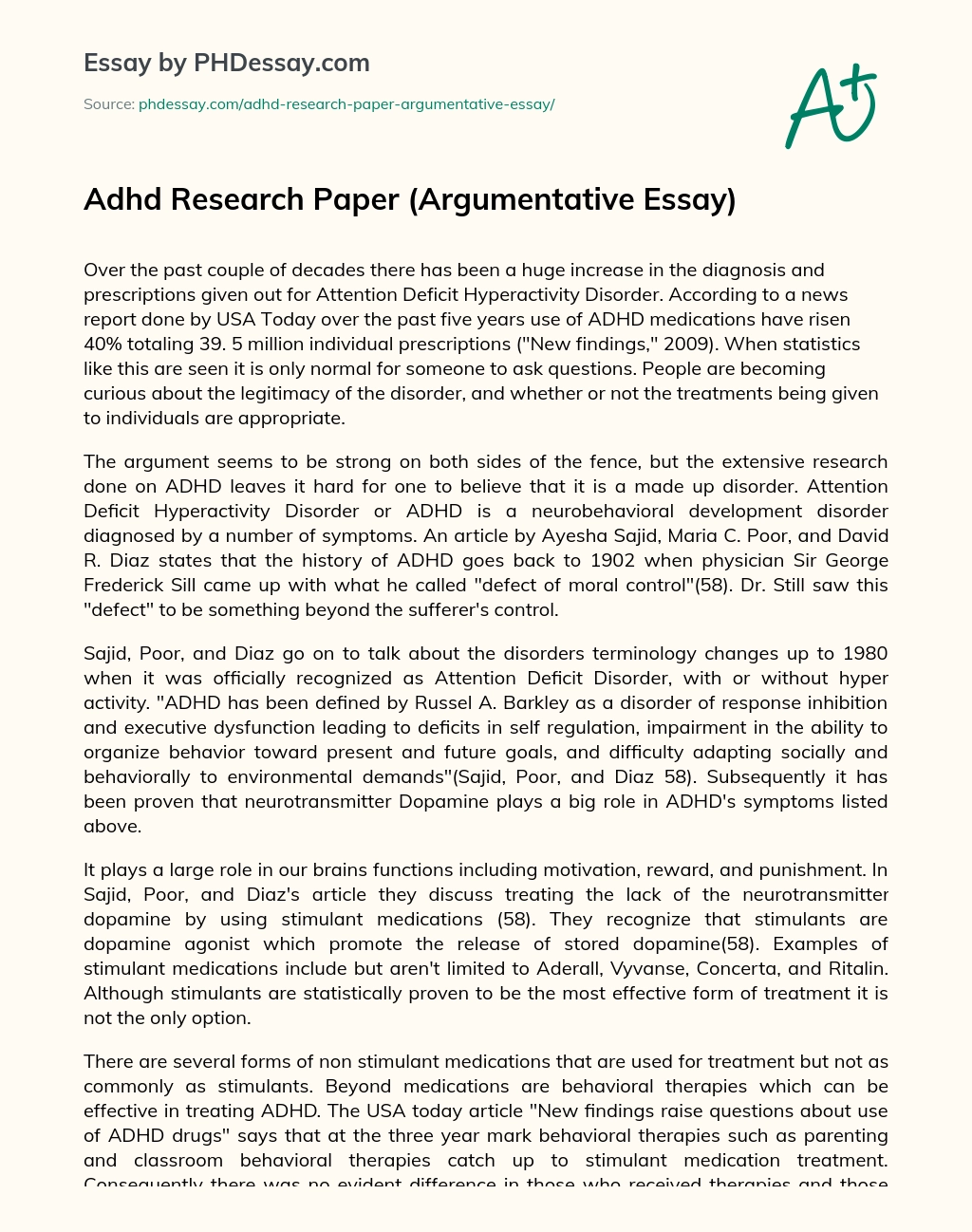 Adhd Research Paper (Argumentative Essay) essay