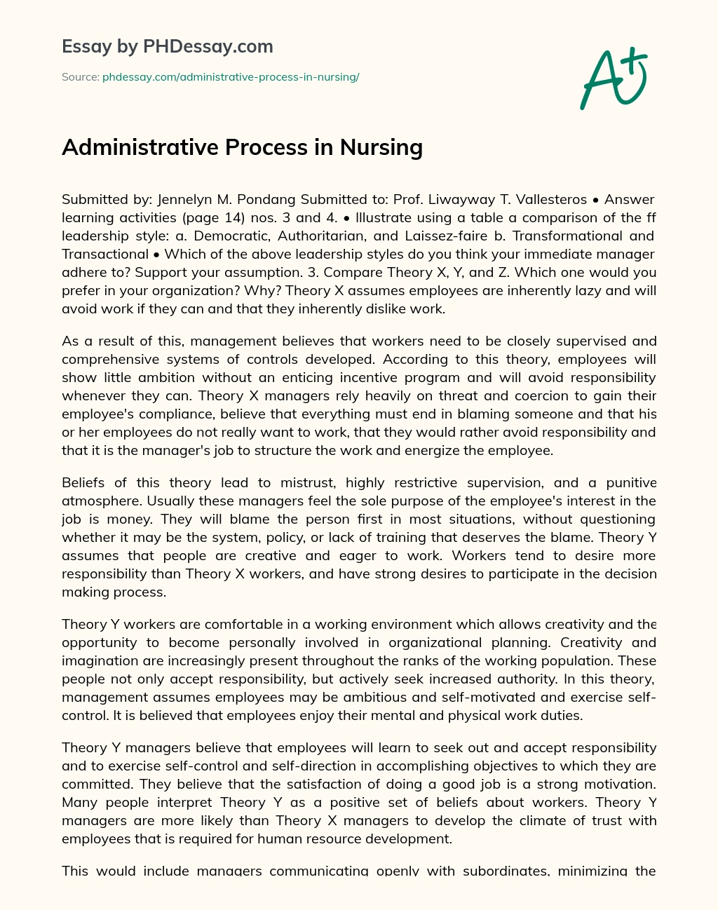 Administrative Process in Nursing essay