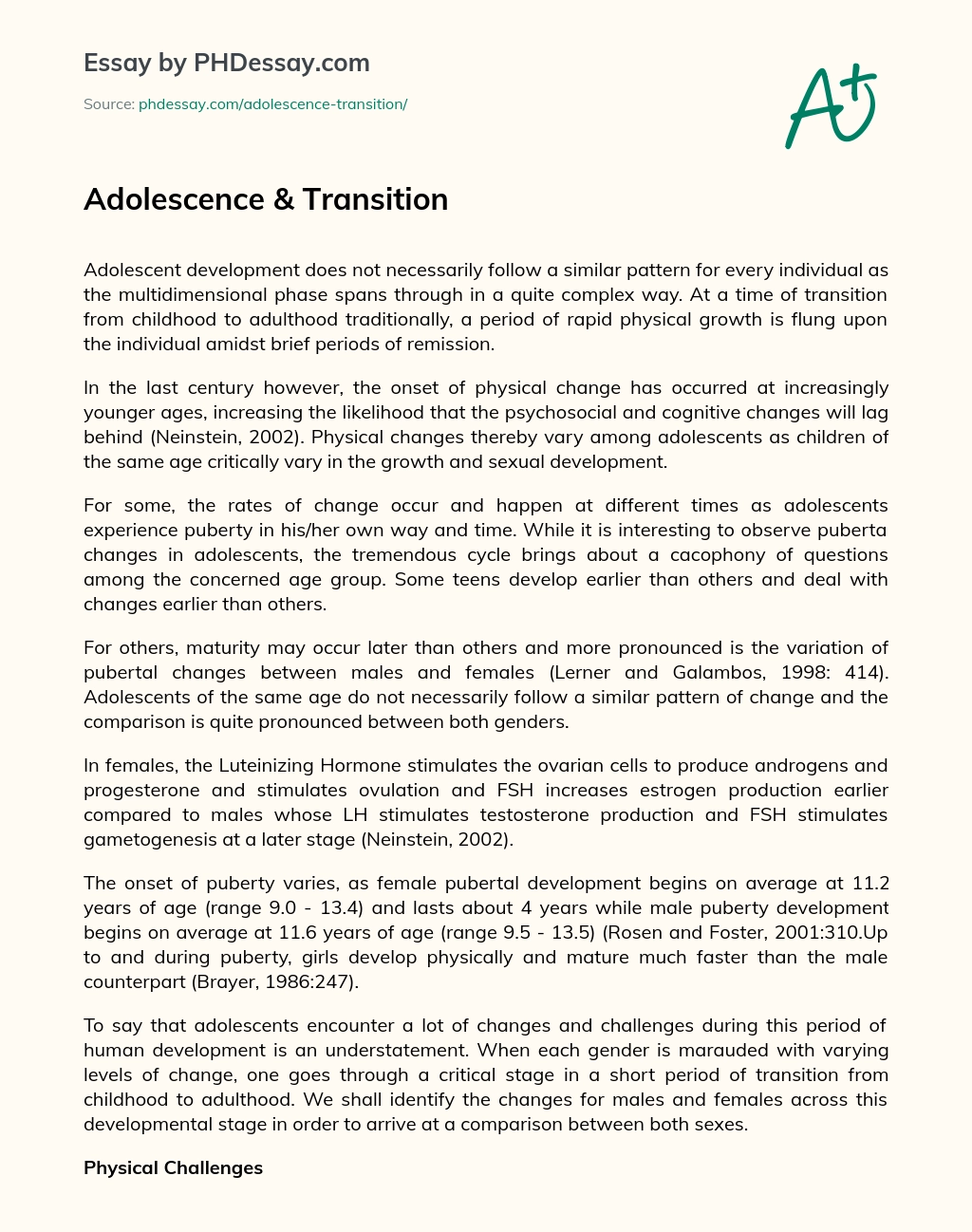 Adolescence & Transition essay