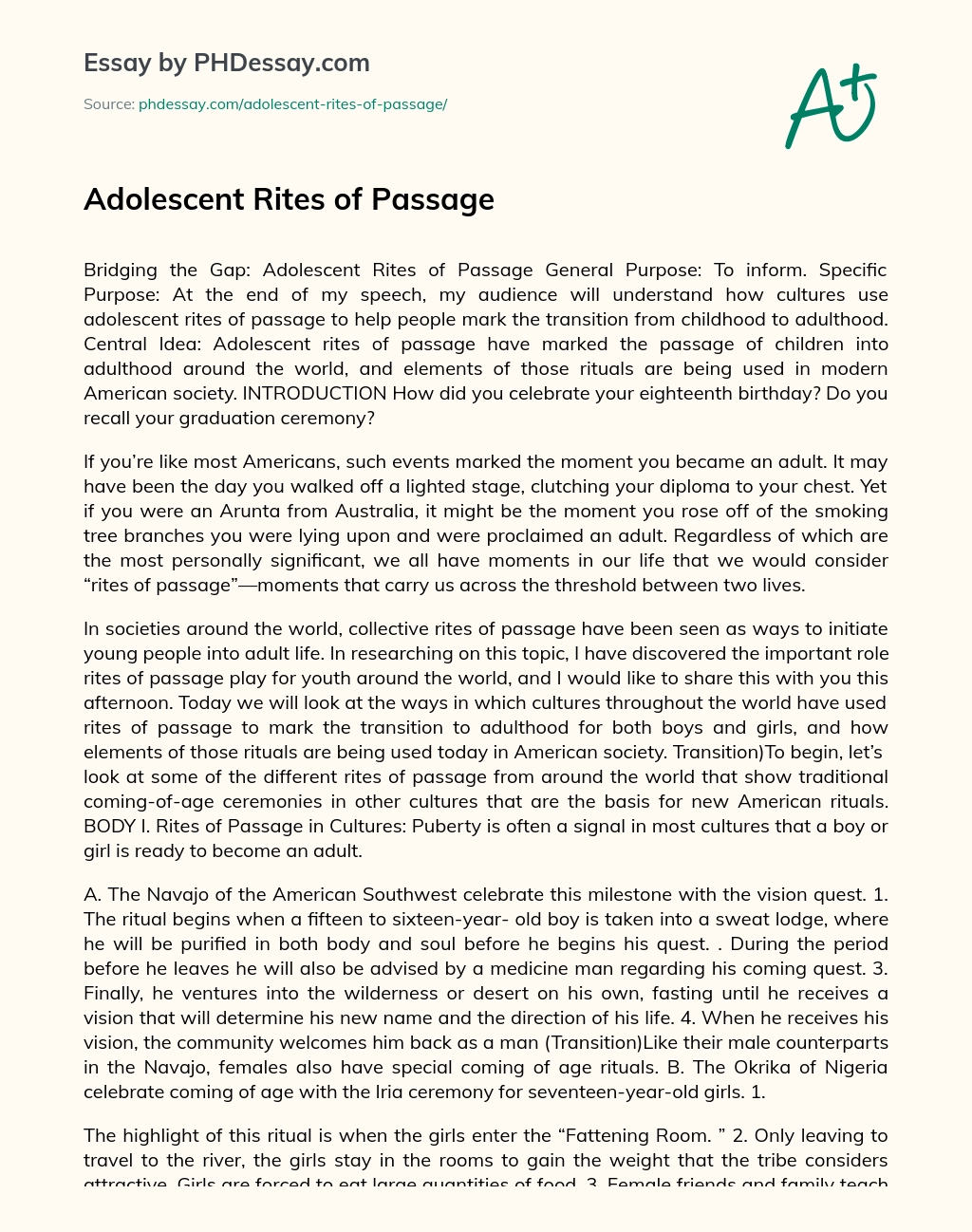 Adolescent Rites of Passage essay