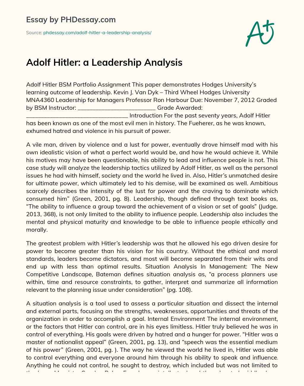 Adolf Hitler: a Leadership Analysis essay