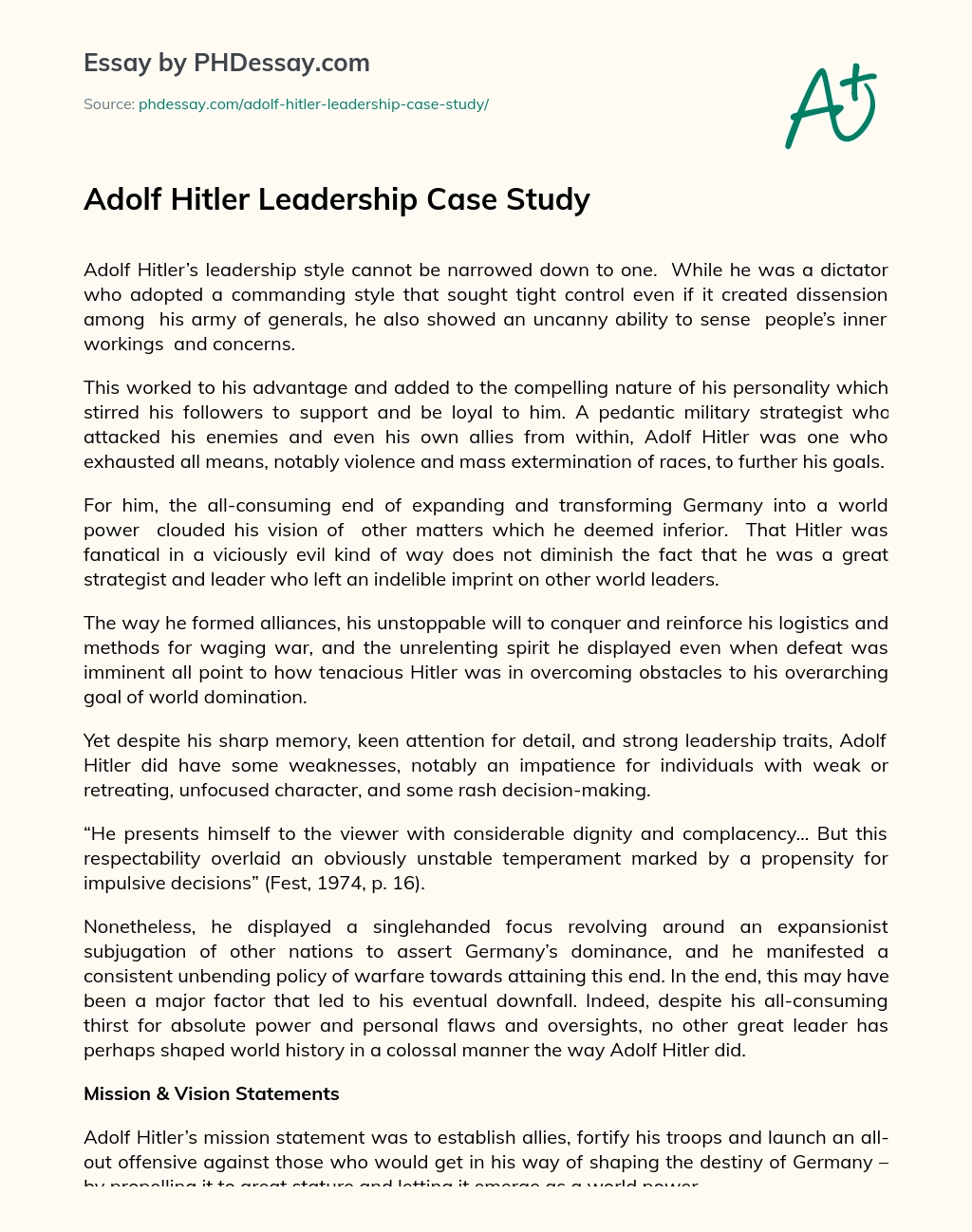 Adolf Hitler Leadership Case Study essay