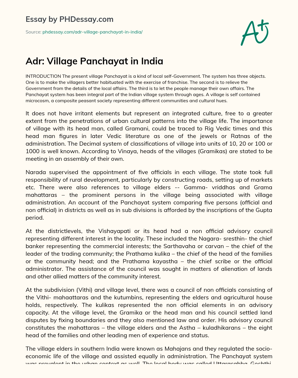 Adr: Village Panchayat in India essay