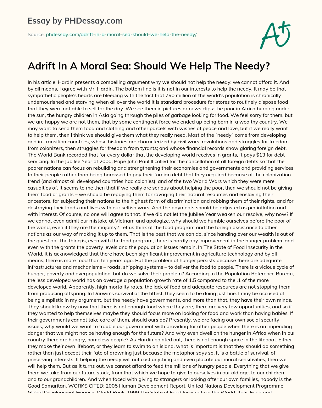 Adrift In A Moral Sea: Should We Help The Needy? essay
