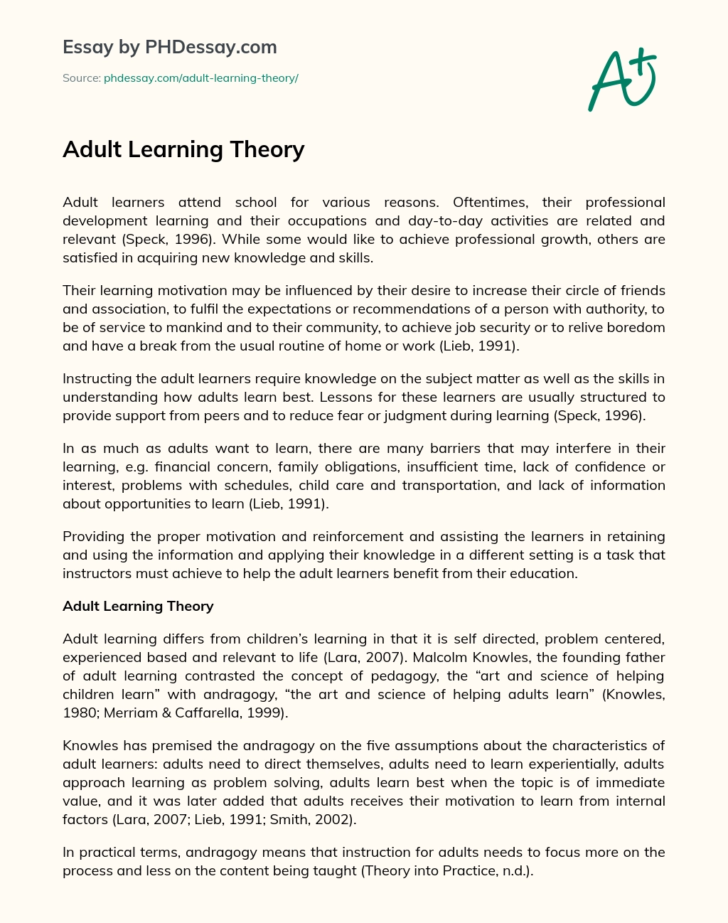 Adult Learning Theory essay