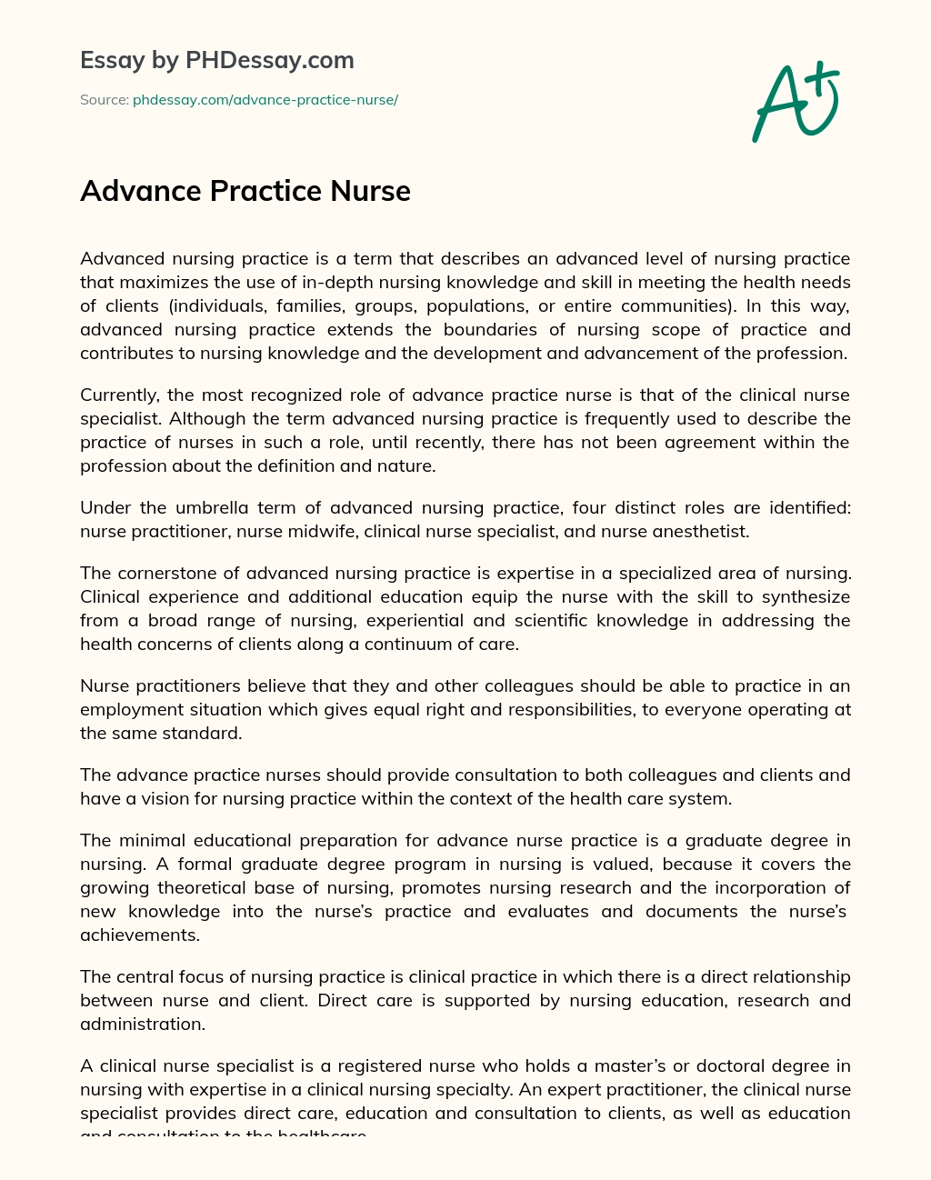 Advance Practice Nurse essay