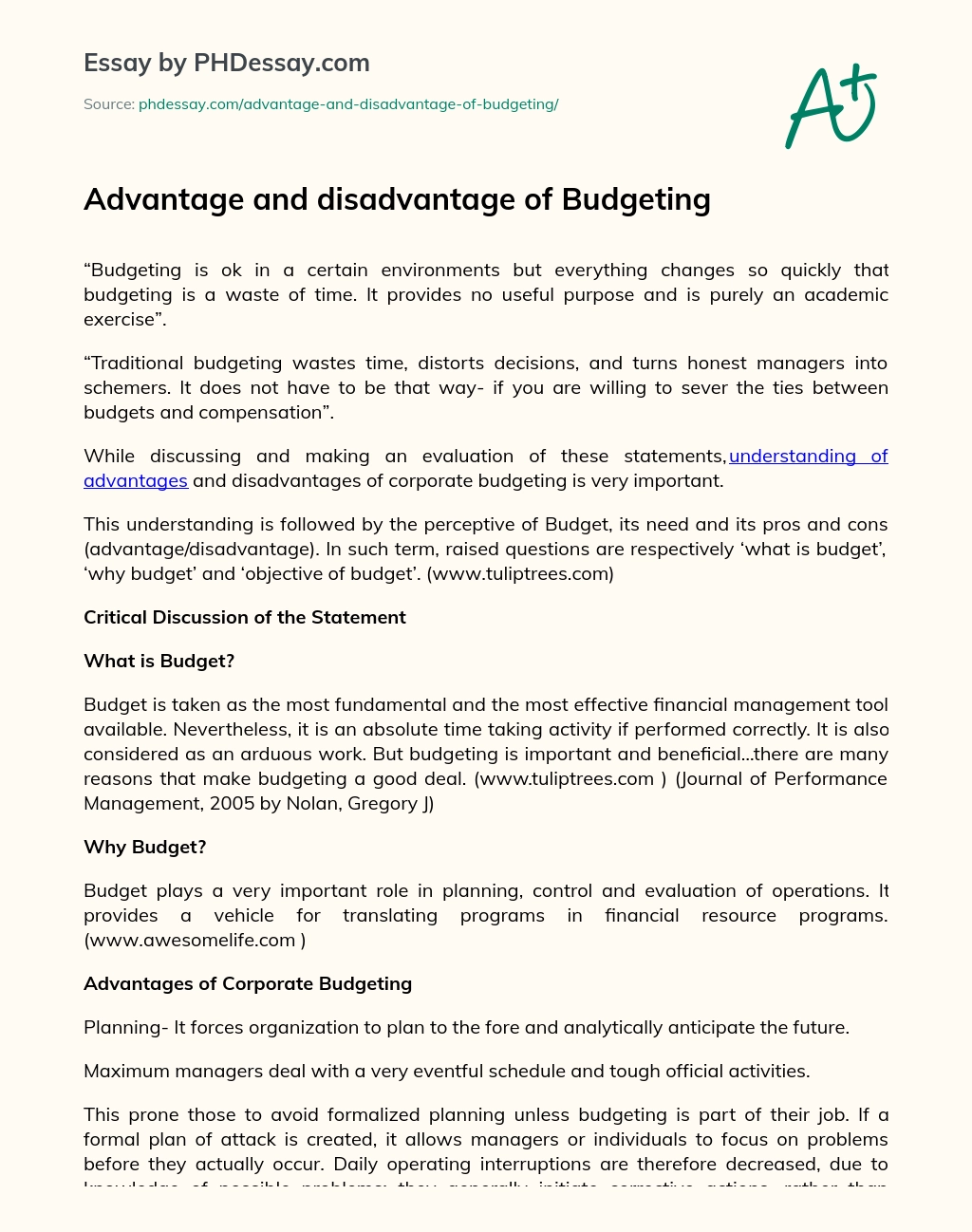 Advantage and disadvantage of Budgeting essay