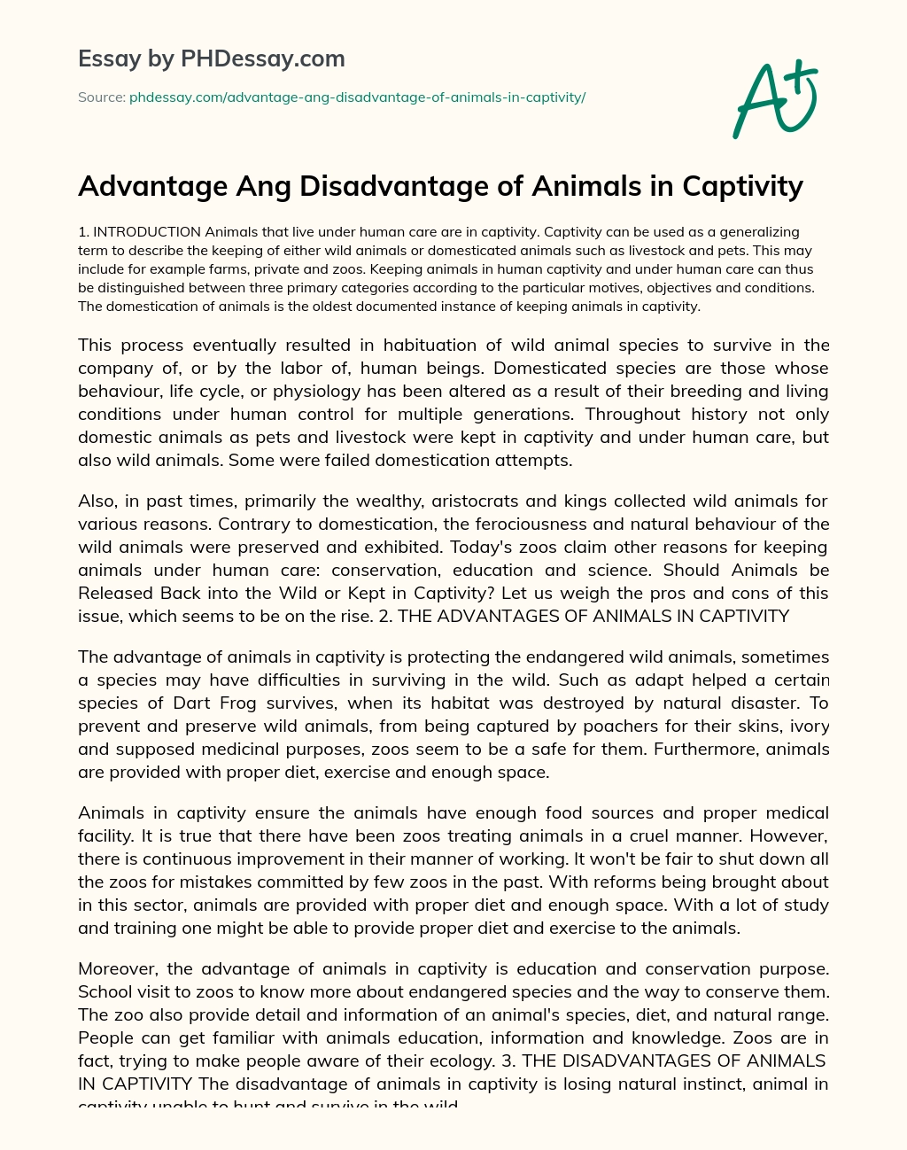 Advantage Ang Disadvantage Of Animals In Captivity Argumentative Essay  Example 