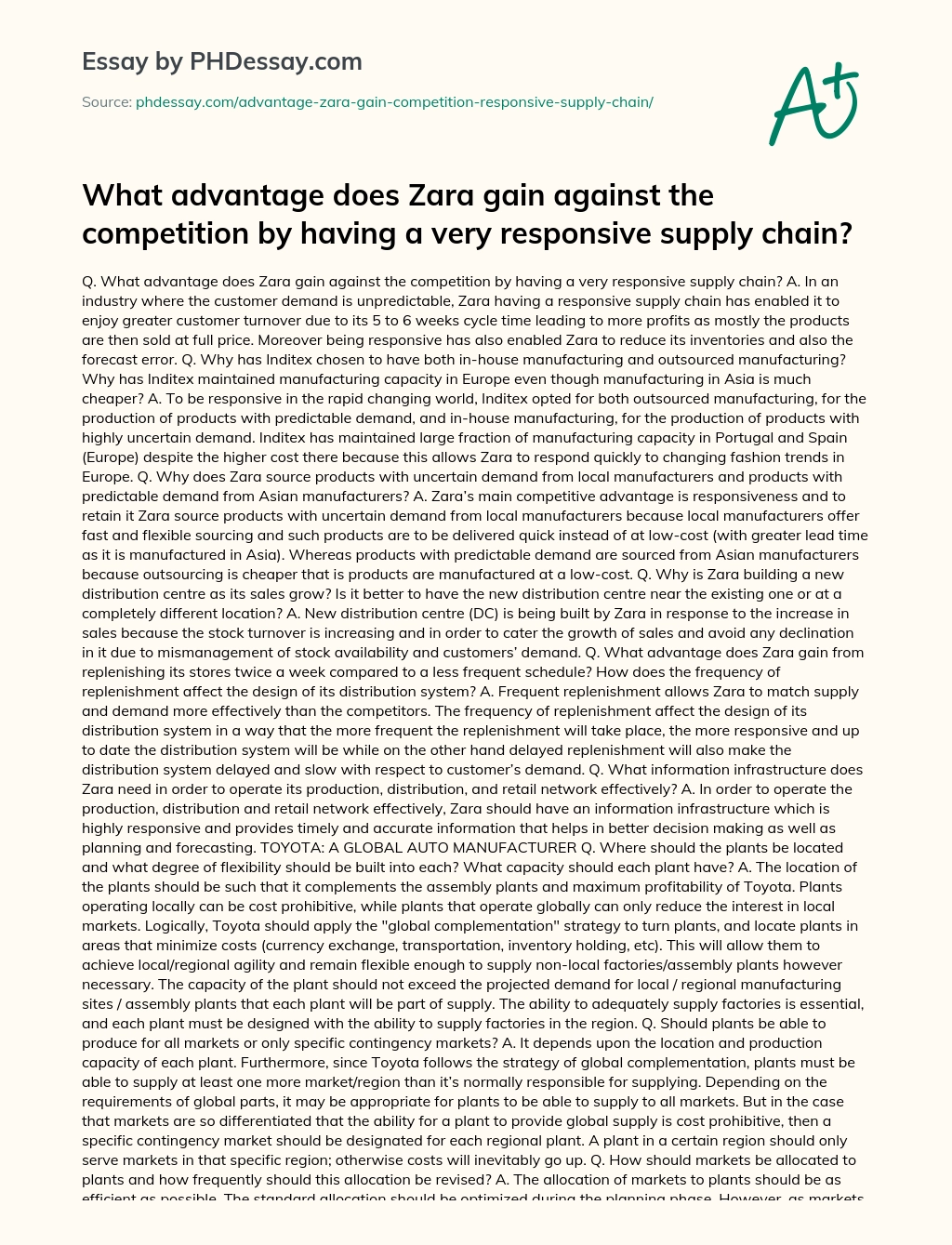 What advantage does Zara gain against the competition by having a very responsive supply chain? essay