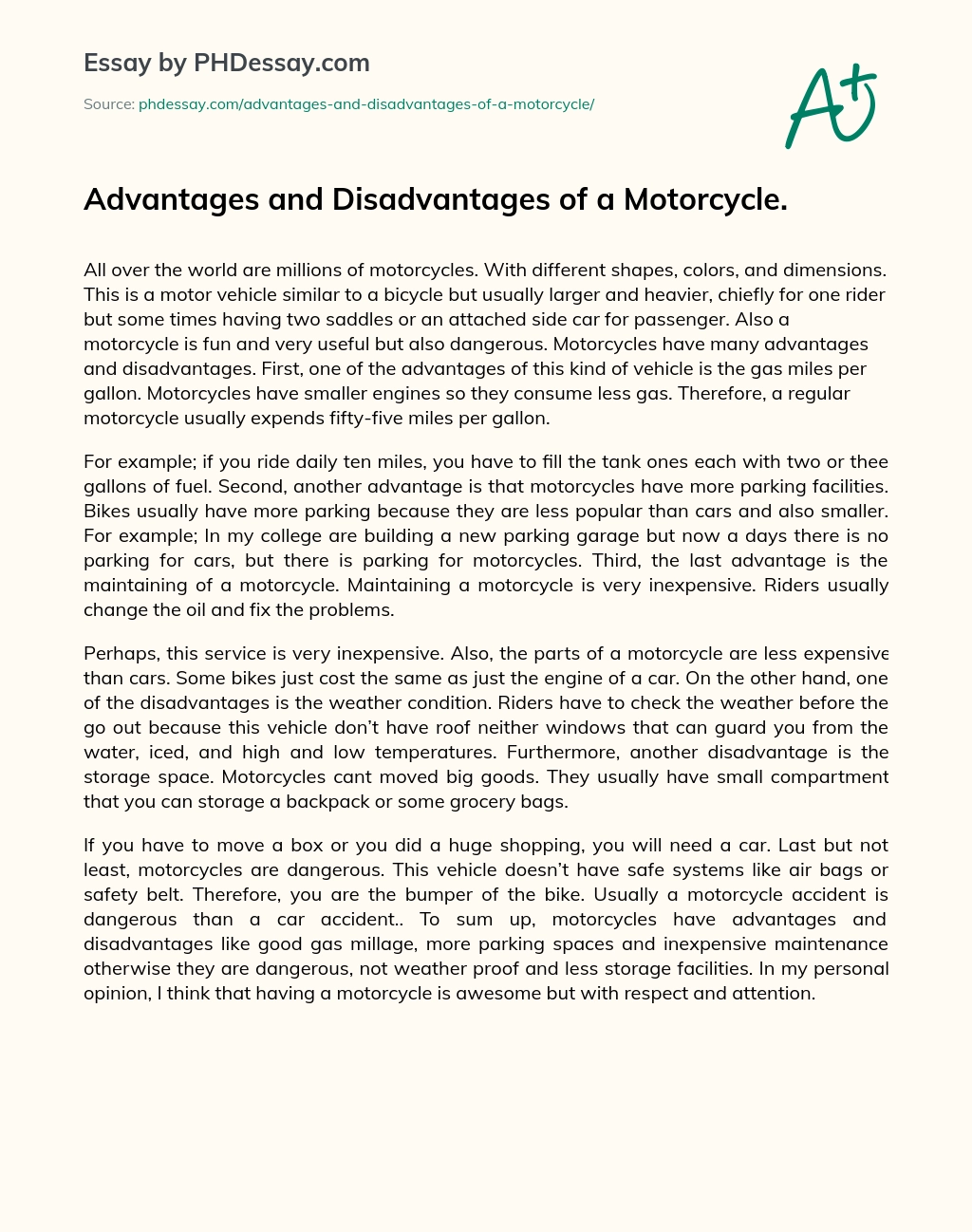 Advantages and Disadvantages of a Motorcycle. essay