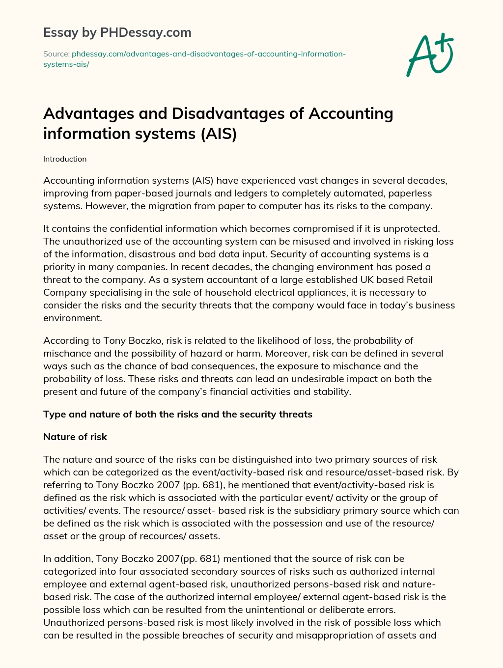 Advantages and Disadvantages of Accounting information systems (AIS) essay